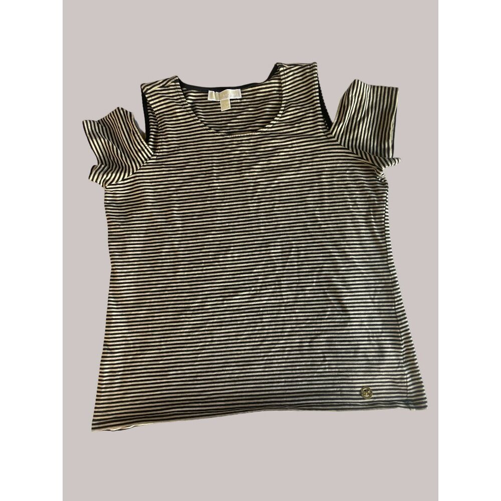 Michael Kors Black & Tan Striped Cold Shoulder Top Size L